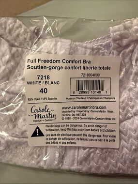 Carole Martin Full Freedom Comfort Bra in White - Size 40